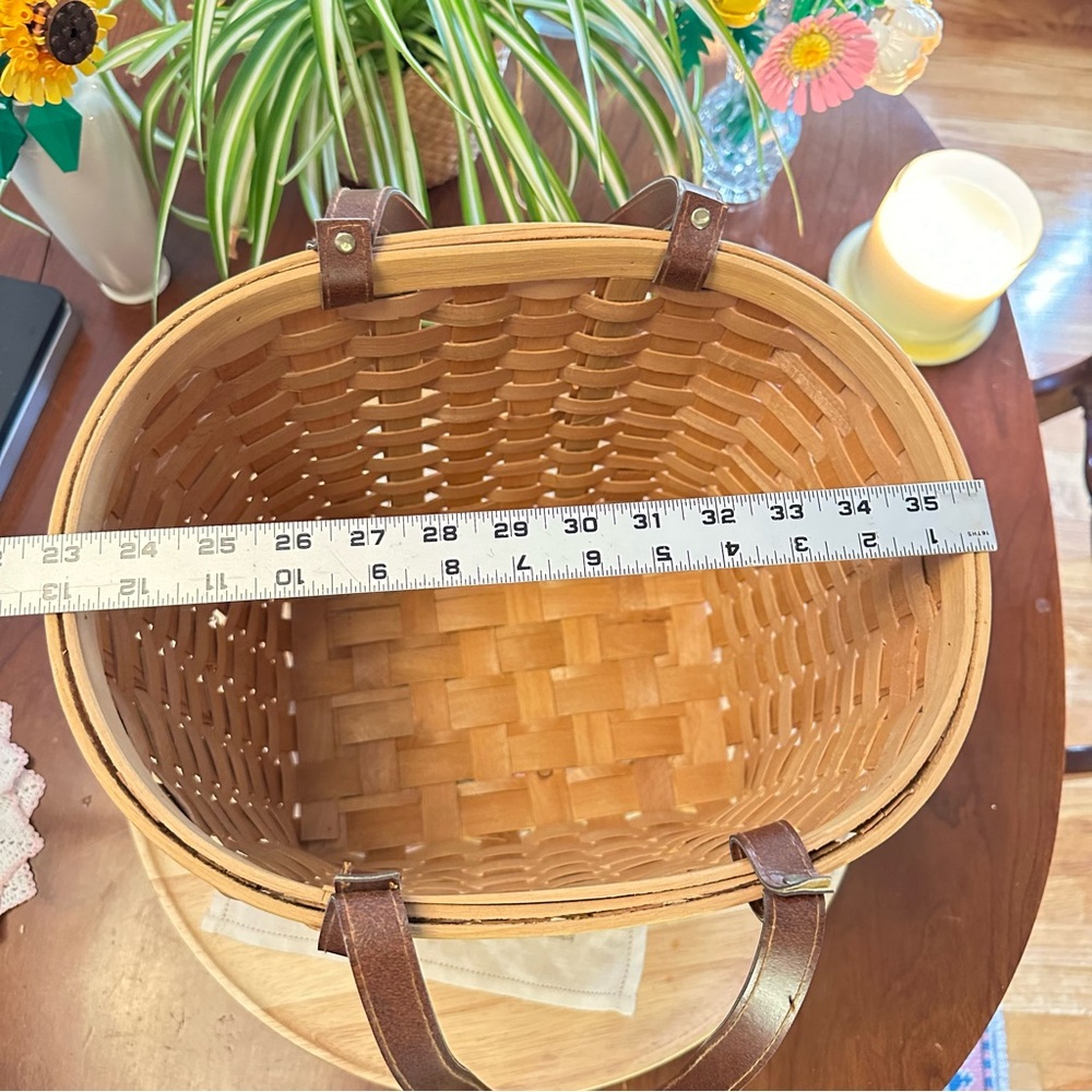 Boardwalk-Style Woven Split Wood Basket w/ Faux Leather Handles | 11” Deep - Picture 4 of 9